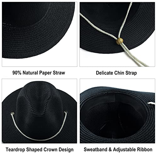 Women Straw Fedora Hat Summer Panama Beach Sun Hats UV UPF50+ Cap - color: Black