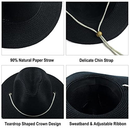 Women Straw Fedora Hat Summer Panama Beach Sun Hats UV UPF50+ Cap - color: Black
