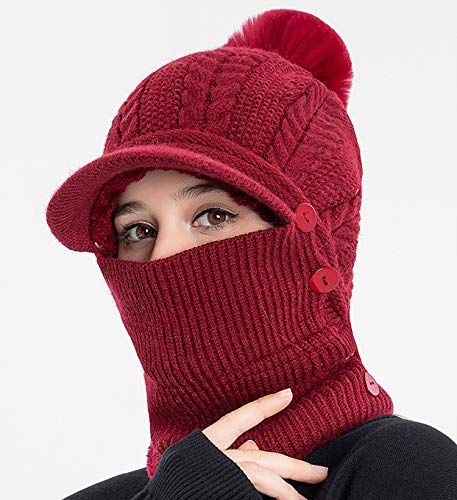 HUAMULAN Women Cable Knit Balaclavas Winter Fleece Lined Beanie Hat - color: Wine Red With Pompom