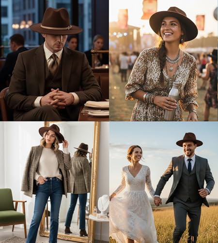 Lisianthus Women Classic Felt Fedora Wide Brim Hat with Belt Buckle - color: Coffee