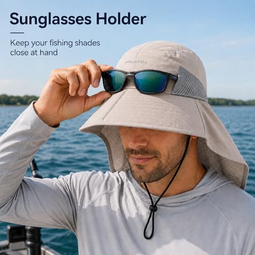 Palmyth Fishing Hat Wide Brim Sun Hat with Neck Flap & Sunglasses Storage - color: Sand