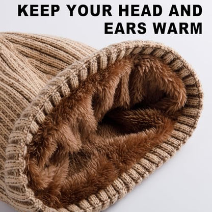 HONGTEYA 3 Pack Winter Beanie for Men Women, Thicken Thermal Plush Lined Beanie Fashion Warm Knit Hat for Cold Weather - color: Black+white+camel