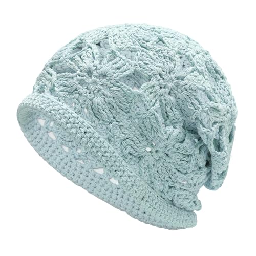 ZLYC Women Cotton Crochet Slouchy Beanie Hat Handmade Knit Summer Skull Cap - color: Crochet Blue
