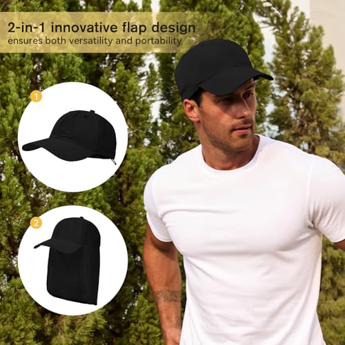 American Trends Mens Sun Hat with Neck Flap, UV Protection Outdoor Flap Hat, Packable Soft Fishing Hiking Gardening Hat - color: Black