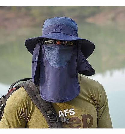 Sun Hat for Men Women, Summer UV Sun Protection Wide Brim Fishing Hat for Men with Face Cover & Neck for Hiking - color: Navy(with Face Cover & Neck Flap)