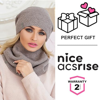 Hat and Scarf Set for Women – Knit Winter Beanie Fleece Lined Neck Warmer – Wool Double Layer Cap - color: Brown