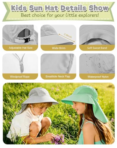 Rosoz Kids Sun Hat with Neck Flap UV Protection Summer Toddler Beach Hat Unisex Ponytail Hat Wide Brim Fishing Hat - color: 1pack-light Grey