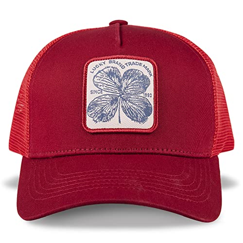 Lucky Brand Trucker Hat | Snapback | Adjustable | Mesh Back | Retro | Baseball Cap | Golf | Fishing | American Heritage - color: Clover Patch - Red