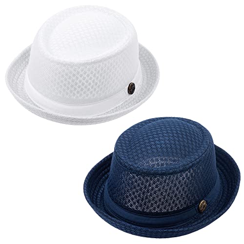 ZffXH lot 2 Pack Trilby Mesh Pork Pie Hat Summer Straw Fedora Cap Bowler Flat Top Sun Hat Lady Men Women - color: 1 Pcs White+1 Pcs Navy