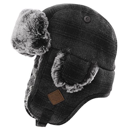 Jeff & Aimy Stylish Plaid Winter Wool Trapper Faux Fur Earflap Hunting Hat Ushanka Russian Cold Weather Thick Lined 55-61CM - color: Grey, size: X-Large