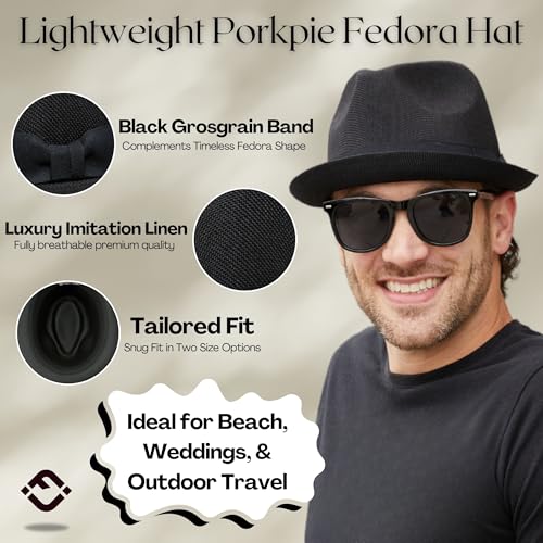 Funky Junque Men's Panama Porkpie Fedora, Linen Summer Beach Hat - color: Black, size: Small-Medium