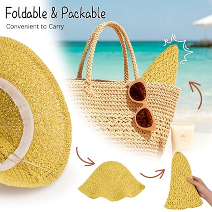 Sun Hat for Women Summer Straw Beach Hats Bucket Hat Floppy Crochet Hat - color: Yellow