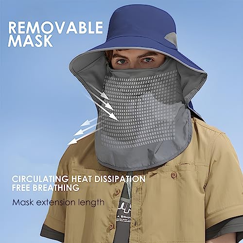 Outdoor Sun Hat Detachable Neck Face Flap UPF 50+UV Protection Visor Fishing Hats with Neck Flap for Men & Women - color: Navy