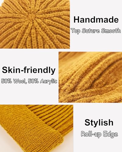 vidsel Thin Wool Fisherman Beanie for Men Short Knit Cuff Trawler Watch Hat - color: 1pcs-yellow