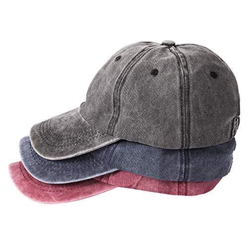 MEINICY 3 Packs Washed-Cotton Plain Baseball Cap, Adjustable Dad Hat - color: Black,blue+burgundy