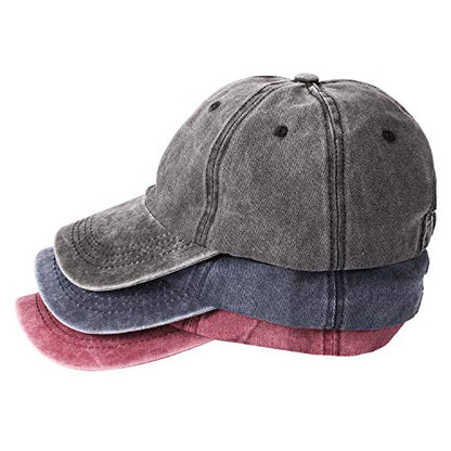MEINICY 3 Packs Washed-Cotton Plain Baseball Cap, Adjustable Dad Hat - color: Black,blue+burgundy