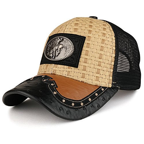 Straw Design Metallic Rodeo Cowboy Horse Metal Logo Trucker Mesh Baseball Cap - color: Tan/Black