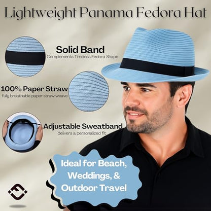 Funky Junque Packable Straw Fedora, Mens Panama Trilby Hat - color: Light Blue, size: Small-Medium