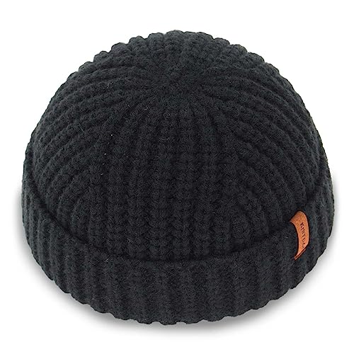 Chunky Wool Fisherman Short Beanie Hats Skull Cap for Men, Mens Thick Skater Streetwear Fishermans Beanie Daily Hat - color: Black