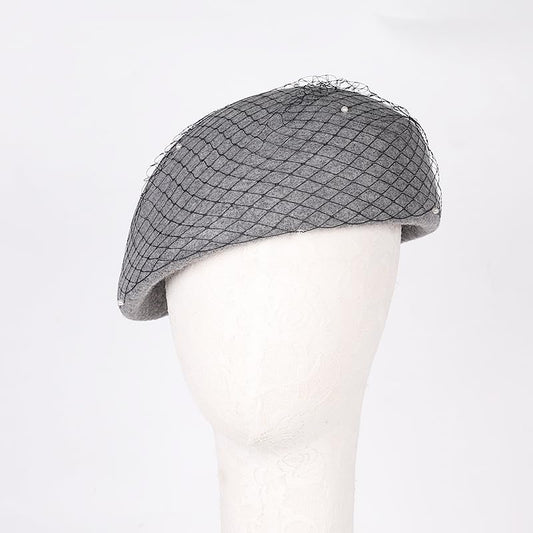 Vintage Wool French Beret Hat with Mesh Veil, Crystal Brooch Accent, Classic Beanie Winter Cap - color: Grey With Mesh Veil