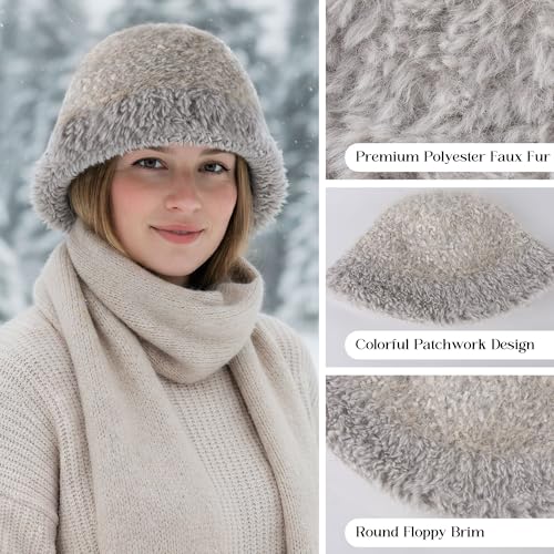 Fluffy Knit Bucket Hat Fisherman Cap Colorful Warm Cloche Caps for Big Head - color: Colorful Knit- Lightgrey