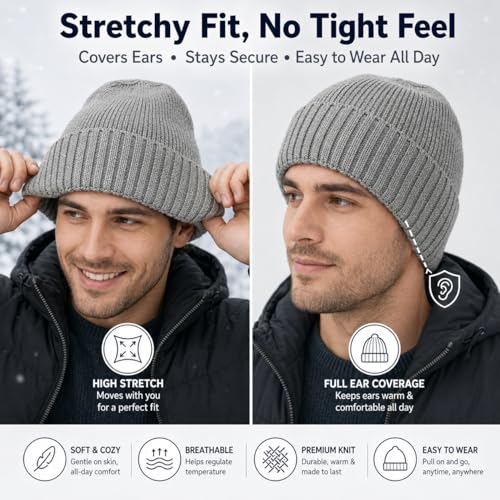 Men’s Plus Size M/L-XXL Merino Wool Beanie for Big Heads - color: Light Gray, size: X-Large-XX-Large