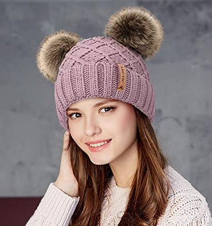 Arctic Paw Womens Winter Hat Cable Knit Beanie for Women Faux Fur Pompom Ears - color: Pink_grid