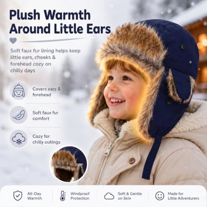 Baby Toddler Winter Trapper Hat Warm Faux Fur Aviator Hat Russian Ushanka Trooper Hunting Ski Hat with Ear Flaps Age 1-8T - color: Navy, size: 5-8 Years
