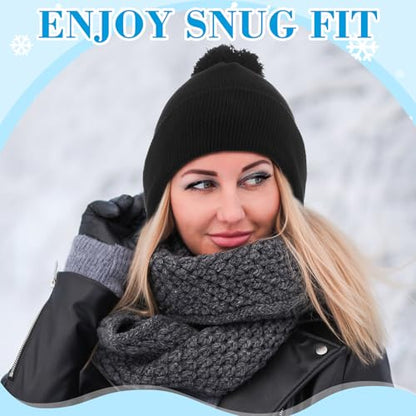 Geyoga 2 Pcs Pom Beanie Hat Men Women Winter Hat Pom Knit Cap Beanies with Ball at Top Acrylic Winter Cap with Cuff - color: Black, Dark Grizzled Grey, style: Classical