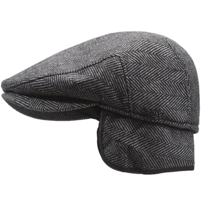 Men's Newsboy Cap with Earflaps Flat Ivy Caps Gatsby Golf Cabbie Hats - color: Grey Herringbone