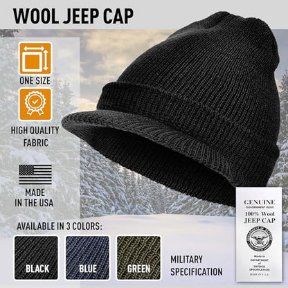 Genuine G.I. Winter Beanie Cap with Visor, 100% Knitted Wool, Double-Layer Winter Hat, Made in USA - color: Black