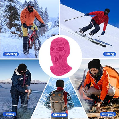 Pukavt 2 Pack 3 Hole Winter Knitted Mask, Ski Mask Balaclava Cap - color: Black/Rose Red