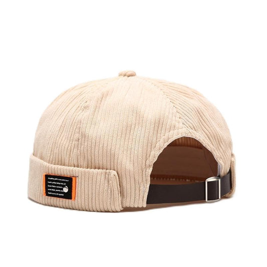 Mens Corduroy Docker Brimless Skullcap Rolled Cuff Beanie Hat - color: Beige