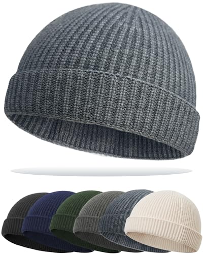 Thin Fisherman Knit Beanie Hat for Men Women Wool Cuffed Skull Caps - color: 1 Light Heather Grey