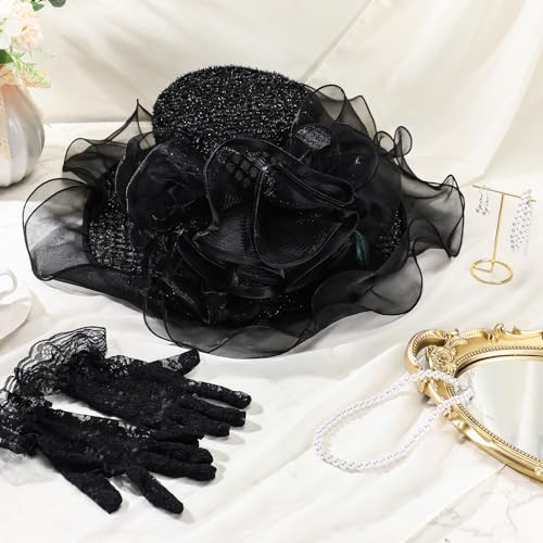 Derby Hat for Women 2026 Wide Brim Organza Sun Church Hat Set Feather Floral Fascinator for Tea Party Wedding Derby - color: Black
