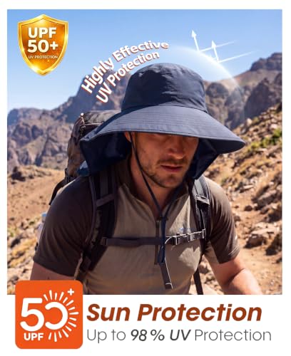 Home Prefer Outdoor UPF50+ Sun Hat Wide Brim Mesh Fishing Hat with Neck Flap - color: Navy Blue