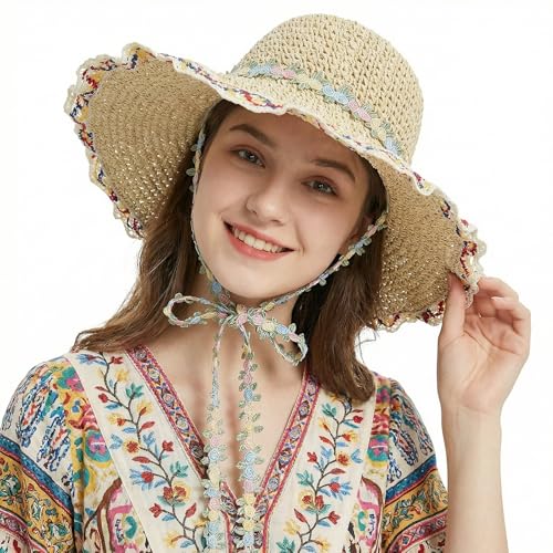 Women's Wide Brim Straw Bucket Hat, Floral Decor Adjustable Chin Strap, Sun Hat for Summer - color: Beige