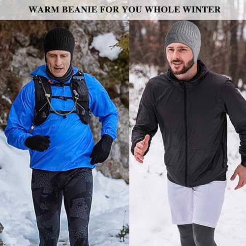 Heniho 2pcs Winter Beanies with Ear Flaps for Men Women, Warm Knit Earflaps Cap Thick Hats - color: #A- Black, Gray
