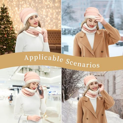 MAYLISACC Winter Knit Beanie Hat Neck Warmer Scarf and Touch Screen Gloves Set 3 Pcs Fleece Lined Skull Cap for Men Women - color: Pink--3 Pcs--(hat+scarf+gloves)
