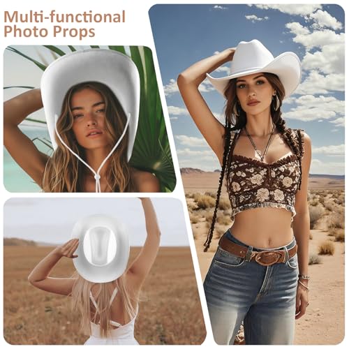 MEMOVAN Cowgirl Hat for Women Girls Western Cowboy Cowgirls Hats Felt Cowboy Hat Retro Wide Brim Western Hat - color: White-2pcs