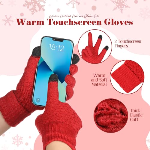 Womens Winter Fleece Lined Knitted Beanie Hat Glove Set, Warm Pom Pom Beanie Knit Cap Touchscreen Gloves for Women - color: Wine Red