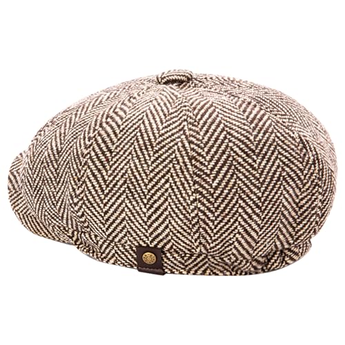 Men's Wool Newsboy Cap 8-Panel Tweed Taxi Hat Herringbone Gatsby Flat Hats - color: Coffee