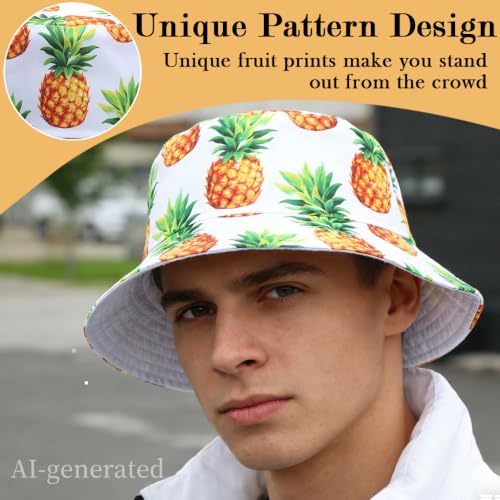 Funny Bucket Hat Foldable Festival Hats Wide Brim Hat Unisex Reversible Fisherman Hats Fruit Patterns - color: Pineapple-blue