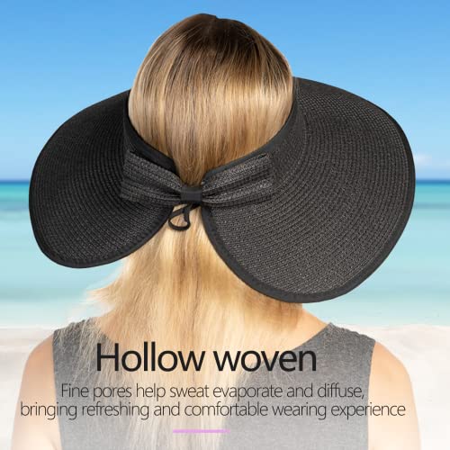 Women Sun Visors Foldable Straw Hats Summer Beach Packable Hat Floppy Wide Brim Cap Deep Style, Adjustable Size - color: Rose Red Black