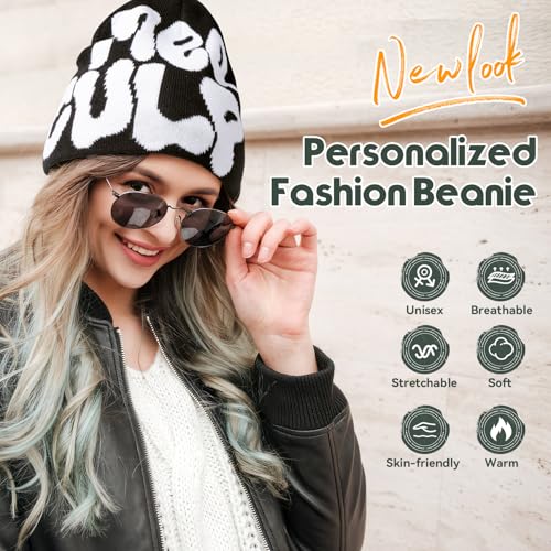 TaowaveWomen Beanie Y2k Hat,MEA Culpa Graphic Beanies Designs,Winter Hat Knit Skull Cap for Women - color: Black