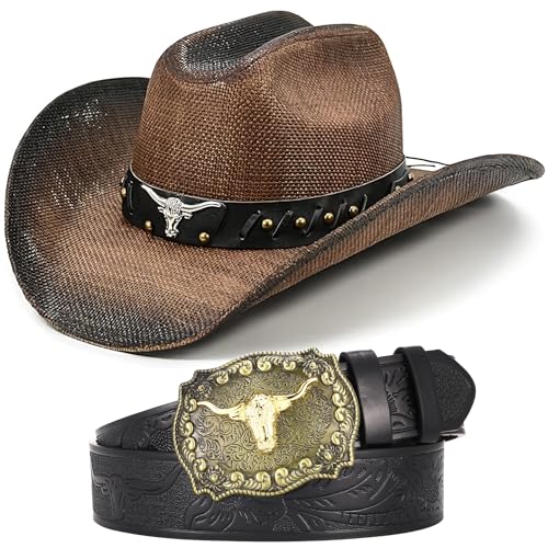 Straw Cowboy Hat with Western Leather Belt Set 3.75 Inches Wide Brim