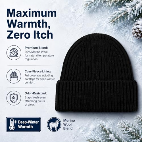 Oversize M/L/XL/XXL Merino Wool Beanie Hat for Men & Women - color: Black, size: Medium-Large