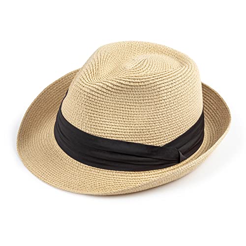 AQOKKA Summer Straw Fedora Hat for Women Men Travel Panama Hat with Wide Brim Roll Up Sun Hat for Beach Outdoor UPF 50+ - color: A Beige