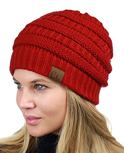 C.C Unisex Chunky Soft Stretch Cable Knit Warm Fuzzy Lined Skully Beanie - color: Red
