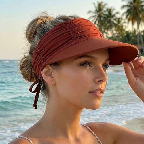 KXF Sun Visors Hat for Women Wide Brim Beach Hat Foldable Visor Hat Cap Ponytail Summer Packable UPF 50+ Adjustable Stretchy - color: Coffee
